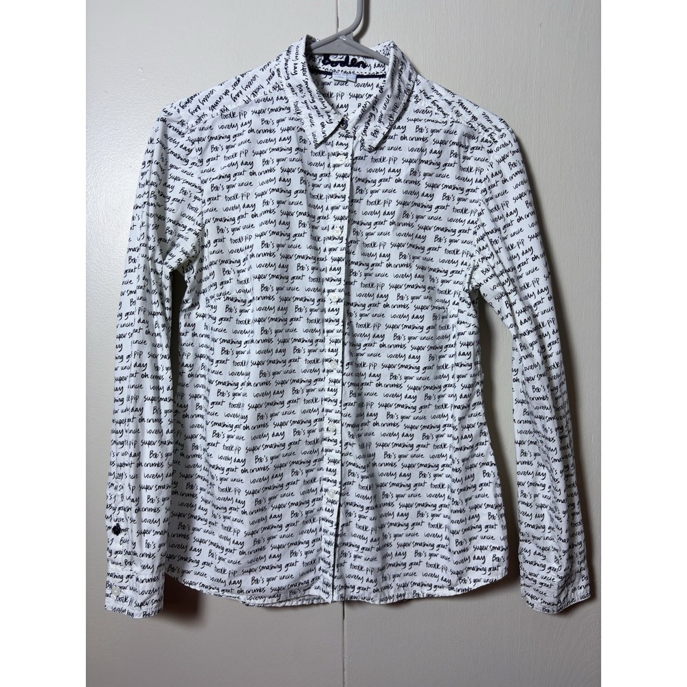 Boden Button Front Shirt Womens US 6 White Blue Script Print British Slang Artsy